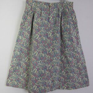 Vtg LL Bean Women XL Blue Pink Floral Heavy Cotton A Line Front Zip Pleats 35"